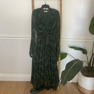 Ramy Brook gown lebron green metallic slit cutout sheer gold silver